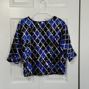 Vintage Rothschild Blue Silver & Black Sequin Diamond Pattern‎ 1/2 Sleeve Top SM
